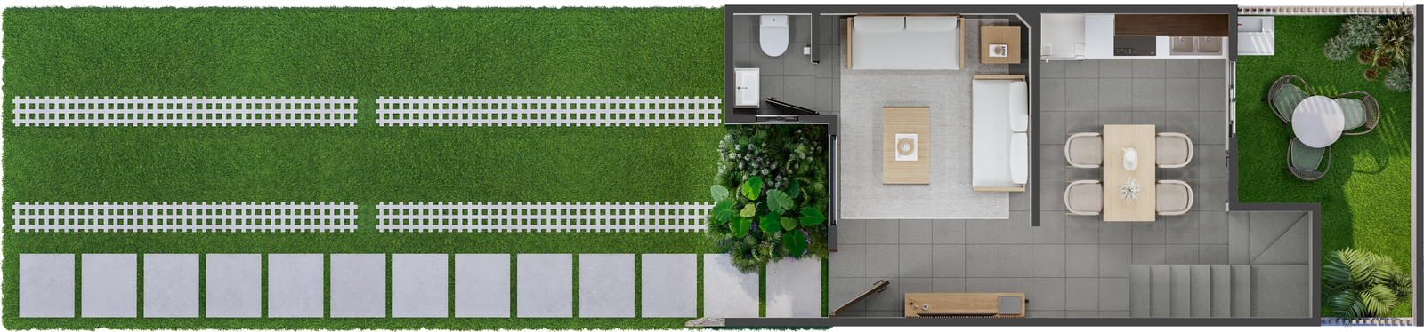 Plano: Planta Baja — Sala, cocina, patio y jardín