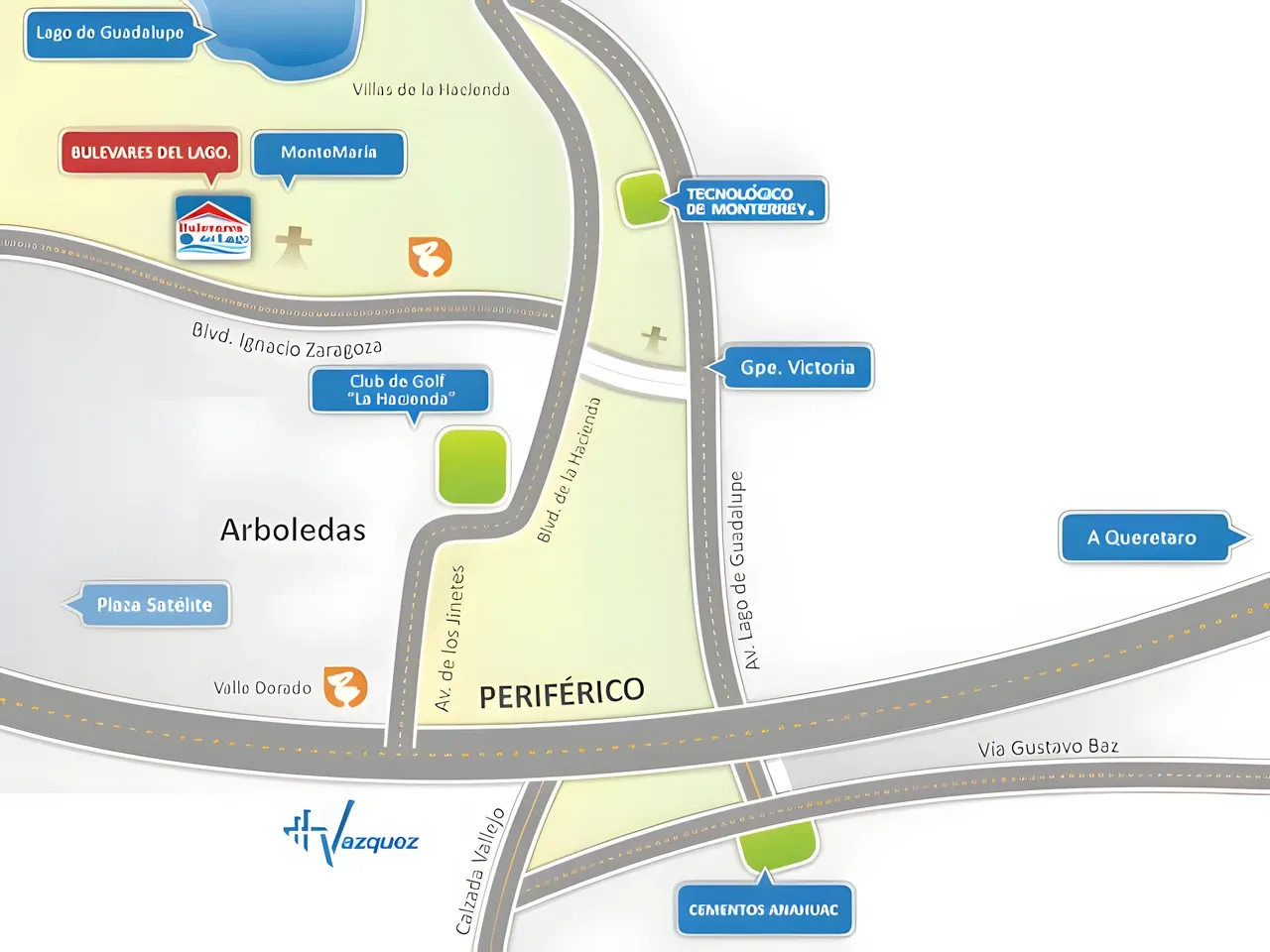 Mapa de la caseta de ventas: Bulevares del Lago junto al Lago de Guadalupe, entre Blvd. Ignacio Zaragoza y Av. Lago de Guadalupe, cerca del Tec de Monterrey, Arboledas y Periférico